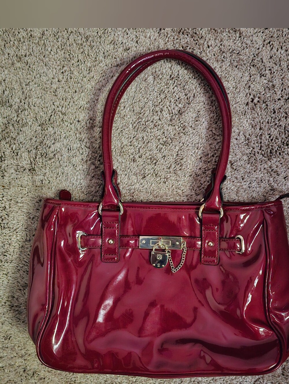 Anne Klein Red Patent Faux-leather Tote Bag Glossy Vinish with Gold Hardware